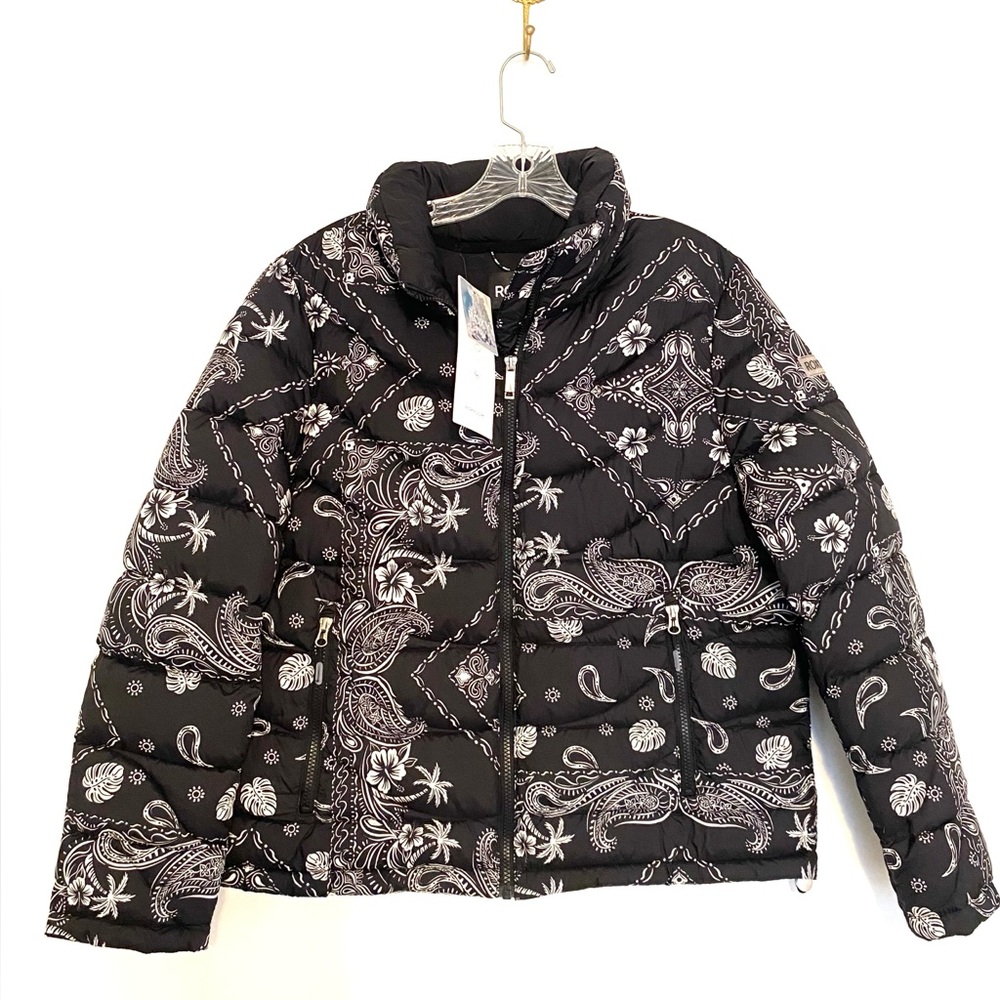 Roxy Black White Paisley Puffer Jacket Women’s Large New With Tags Nylon Hooded